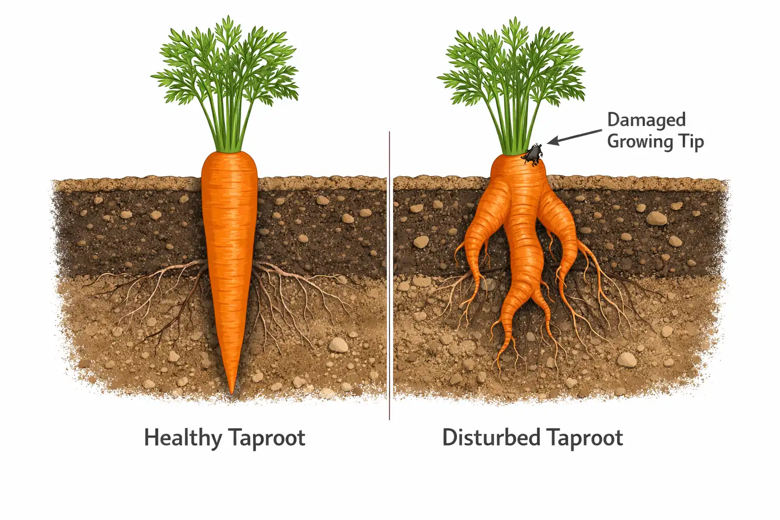 Diagram comparing a straight carrot root with a forked carrot root caused by taproot damage during transplanting