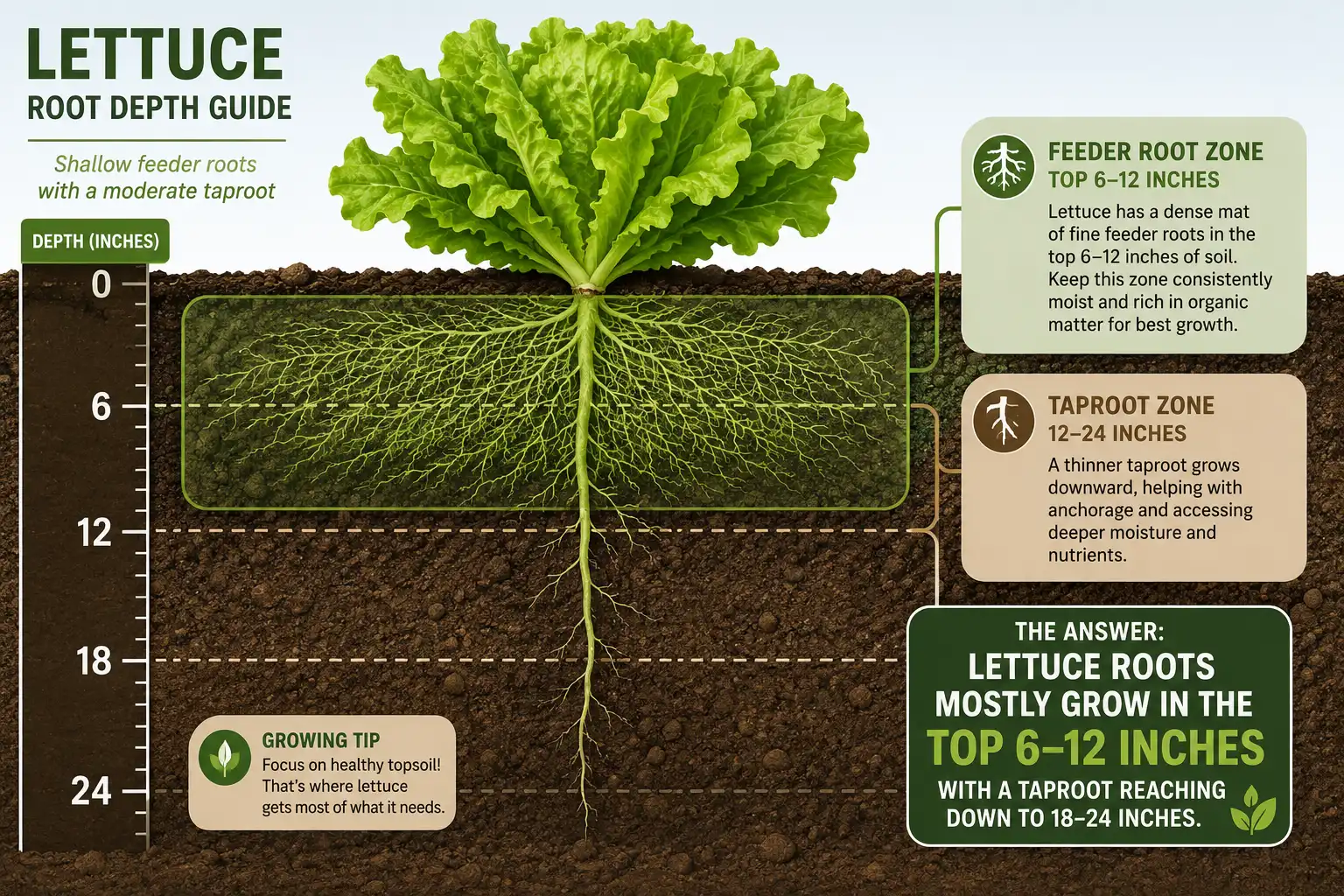 Infographic guide of how deep lettuce roots grow, with feeder roots in the top 6 to 12 inches and a thin taproot reaching toward 18 to 24 inches.