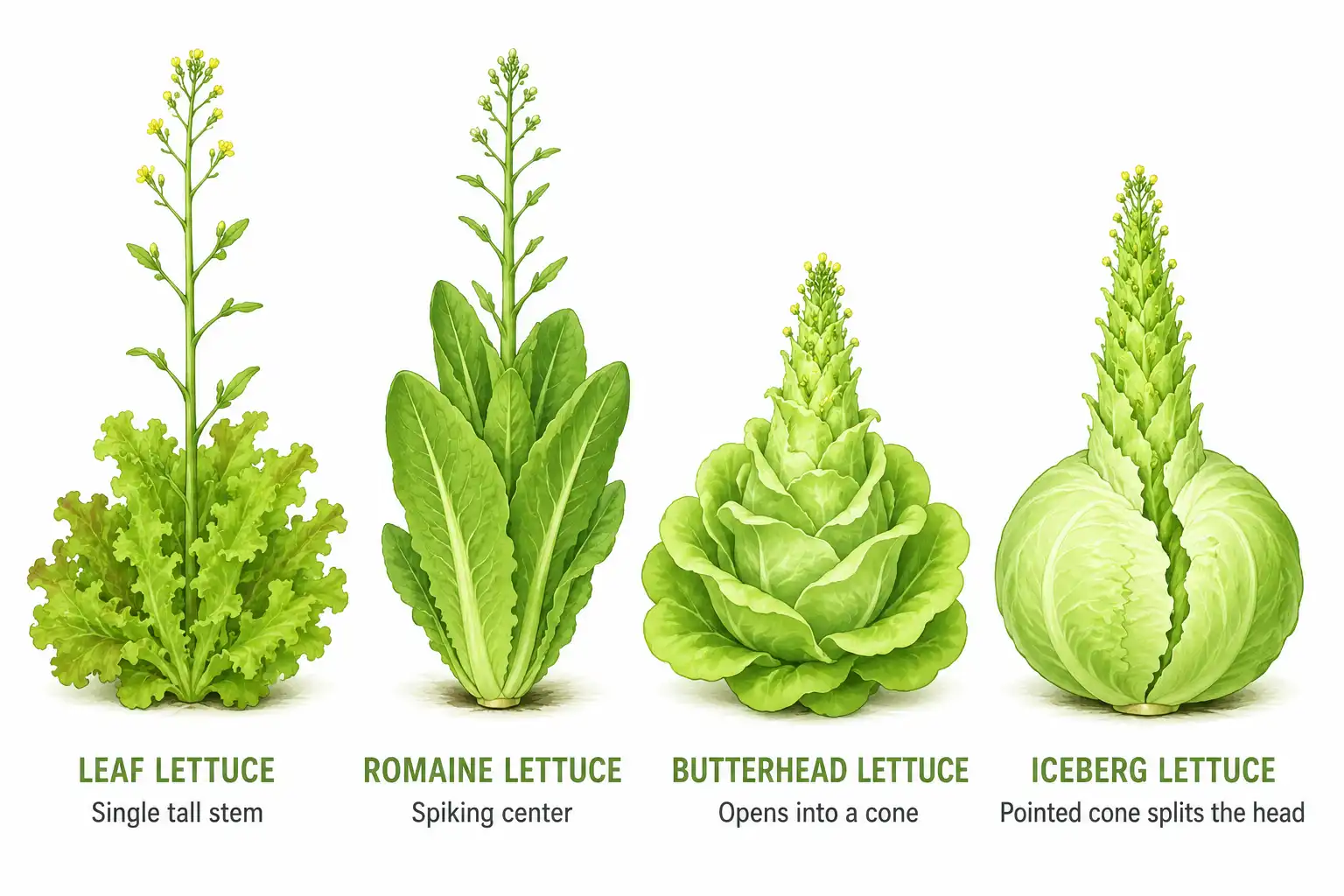 Comparison of how leaf, romaine, butterhead, and iceberg lettuce look when they bolt