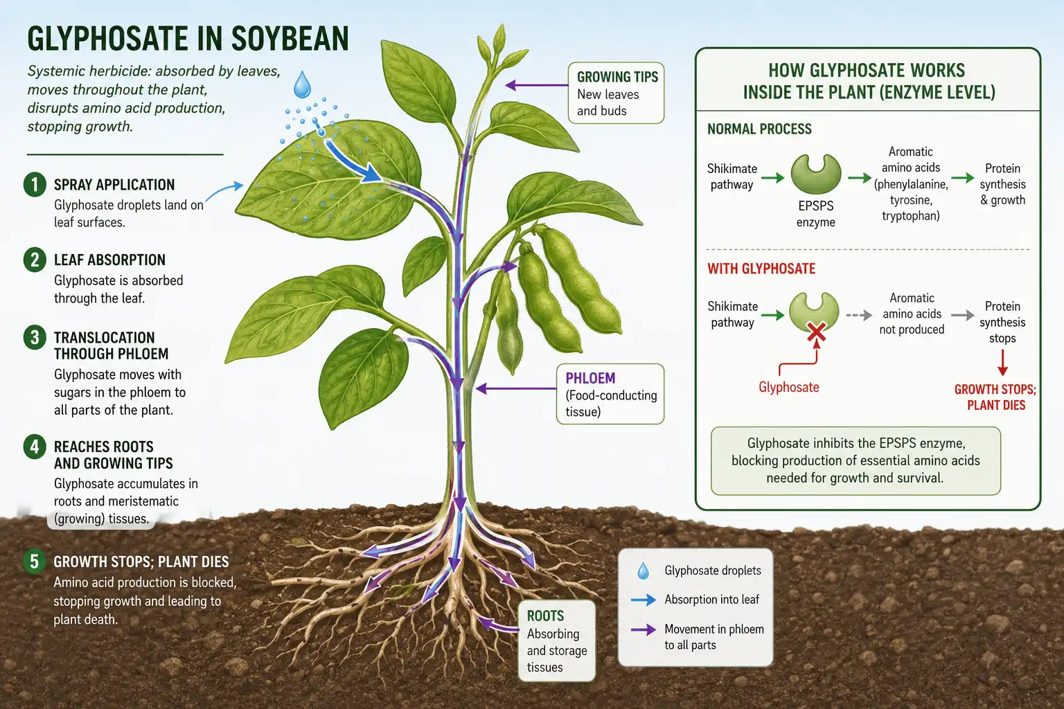Diagram of glyphosate moving through a soybean plant and blocking the EPSPS enzyme that builds amino acids