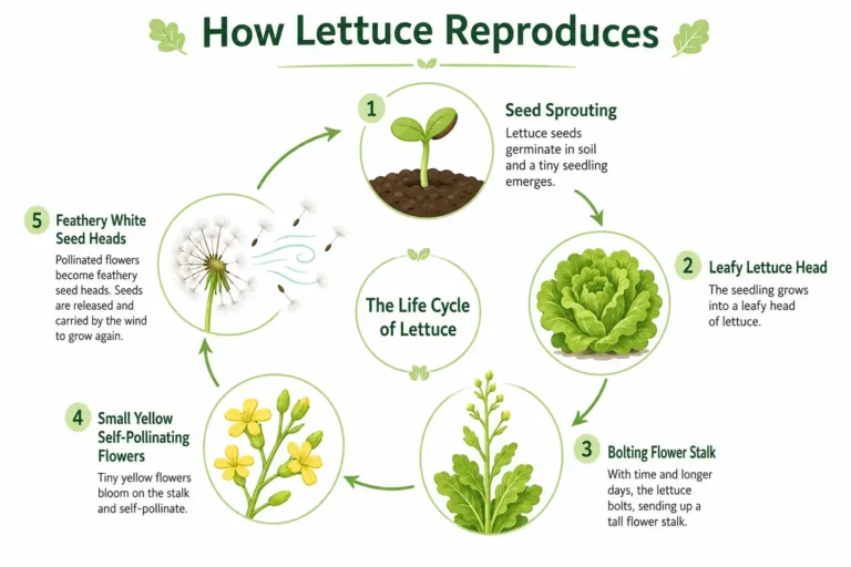 Infographic of how lettuce reproduces through bolting, yellow flowers, self-pollination, and wind-scattered seed