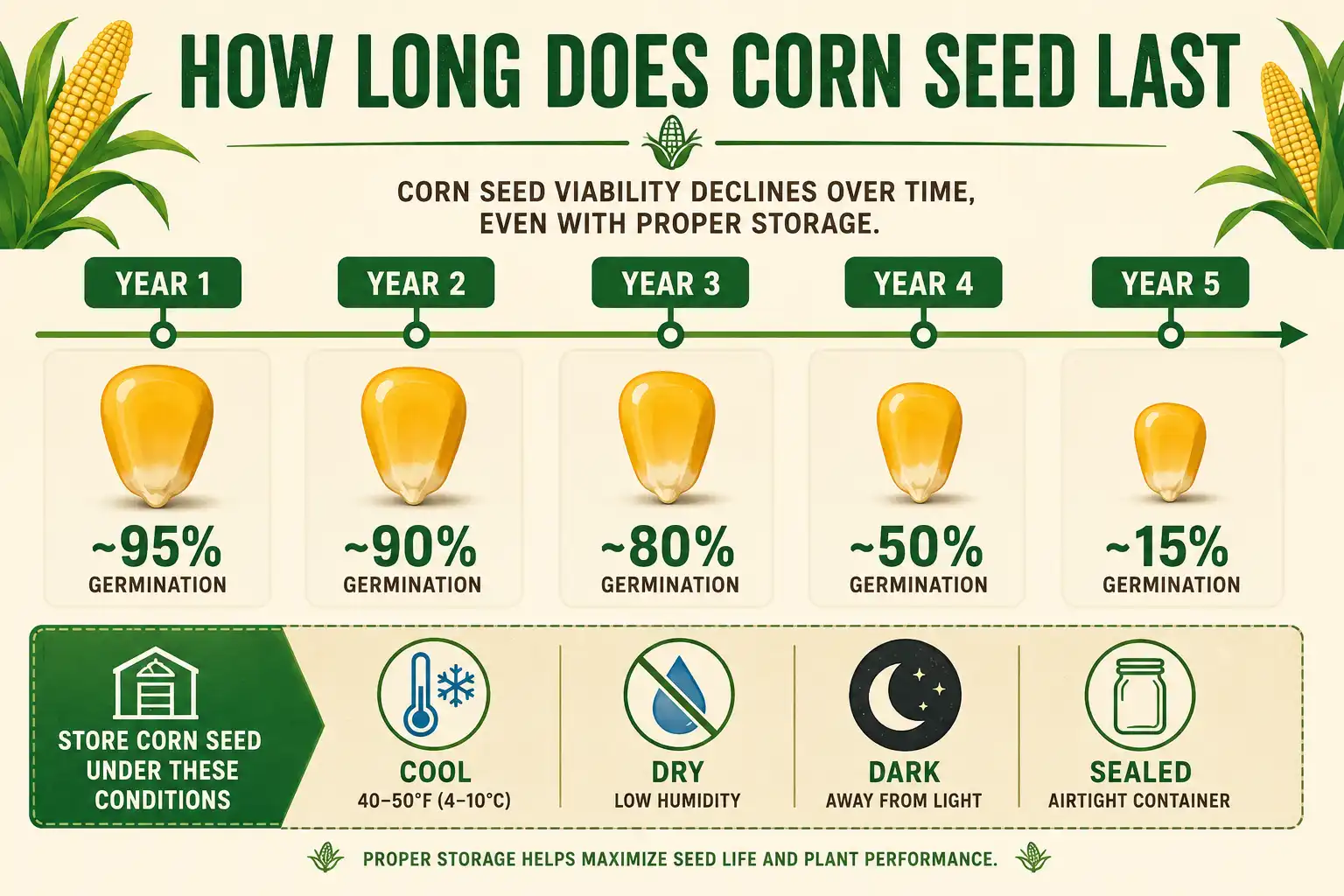 Infographic on how long corn seed lasts, with germination dropping from year one to year five in storage