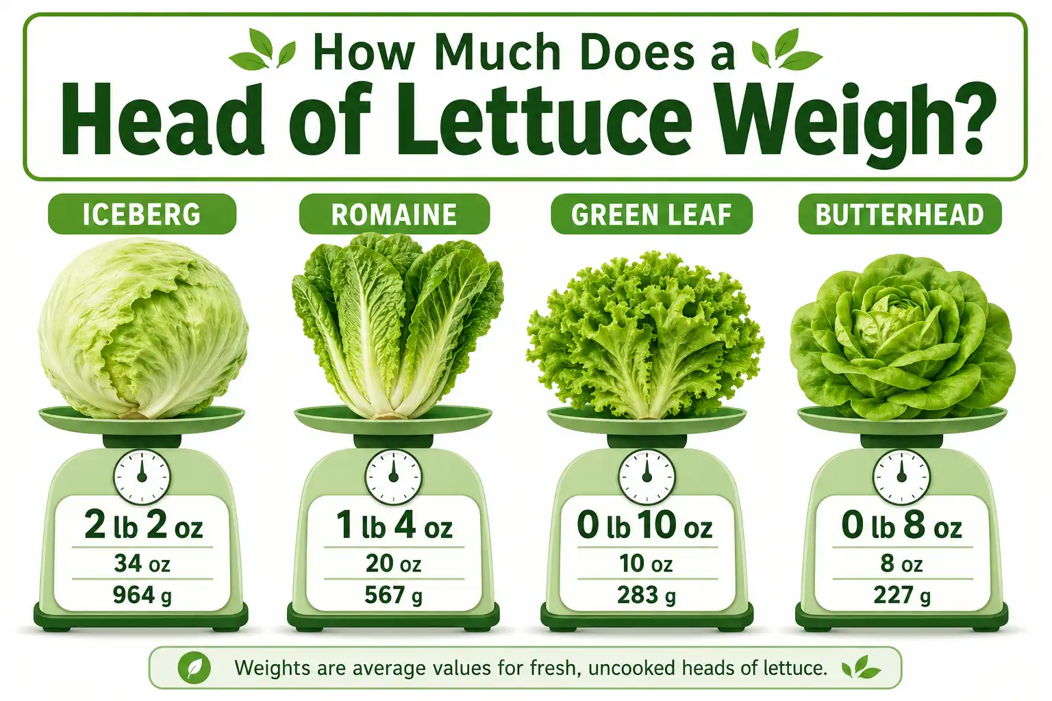 Infographic on how much a head of lettuce weighs by type, with iceberg, romaine, leaf, and butterhead weights in pounds, ounces, and grams
