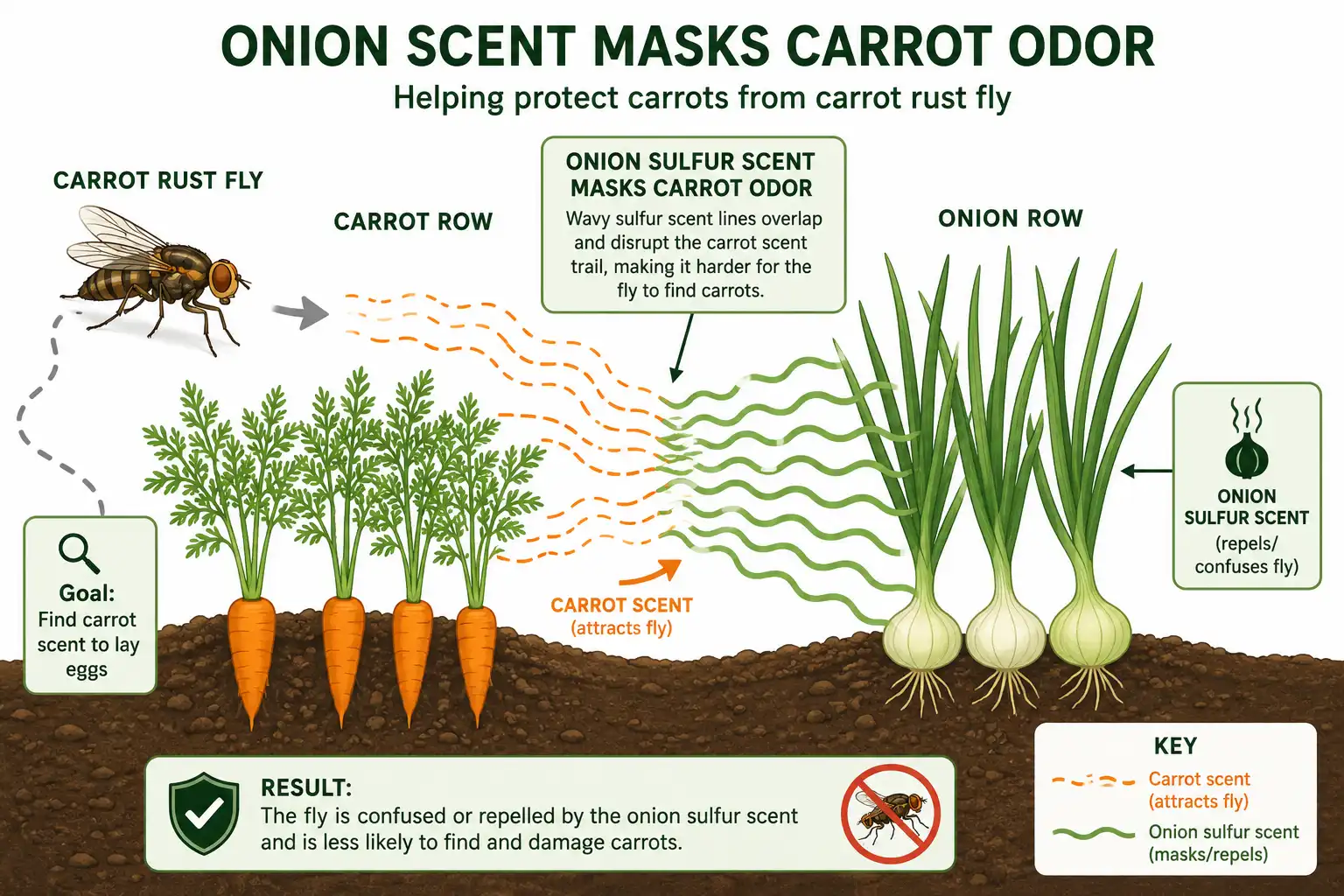 Diagram of onion scent masking carrot odor to confuse the carrot rust fly