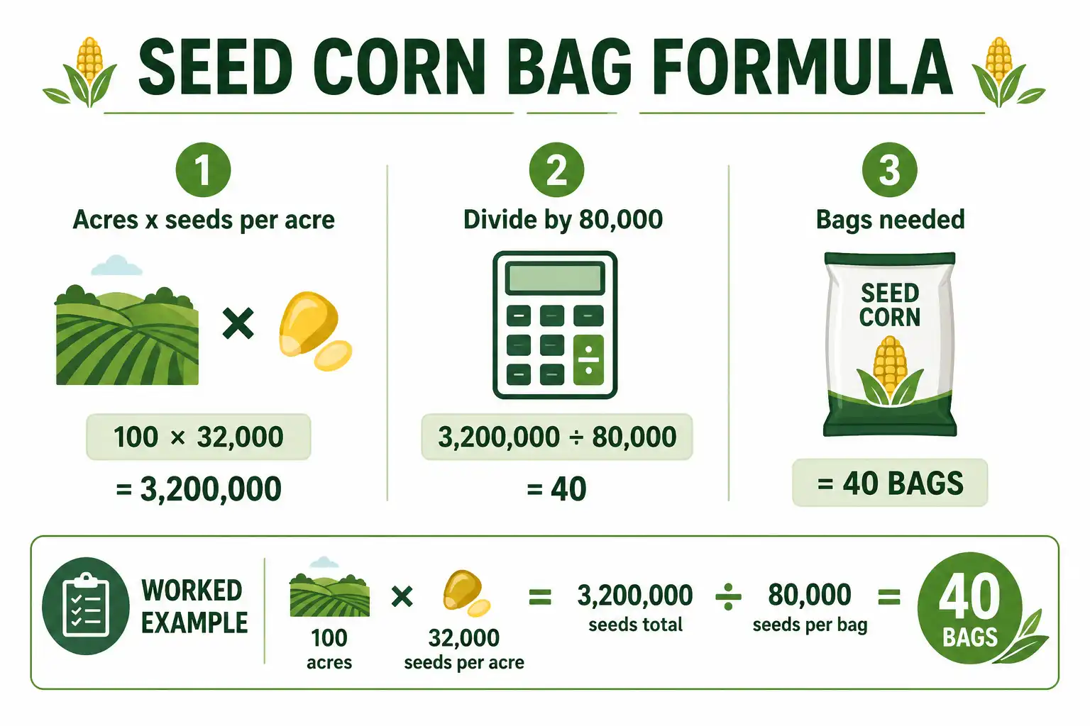 Infographic of how to calculate seed corn bags needed using acres times seeding rate divided by 80,000