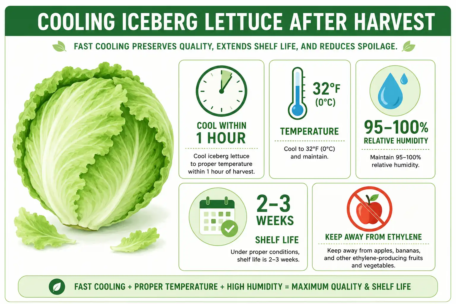 Infographic of how to cool and store iceberg lettuce after harvest at 32 degrees with high humidity