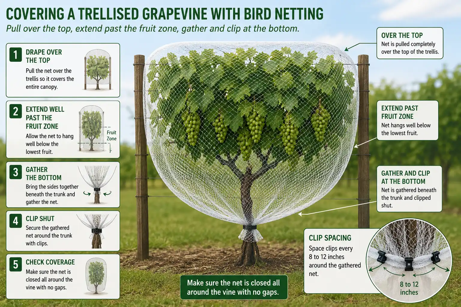 Diagram of how to install bird netting on grapevines by draping over the top and clipping the bottom closed