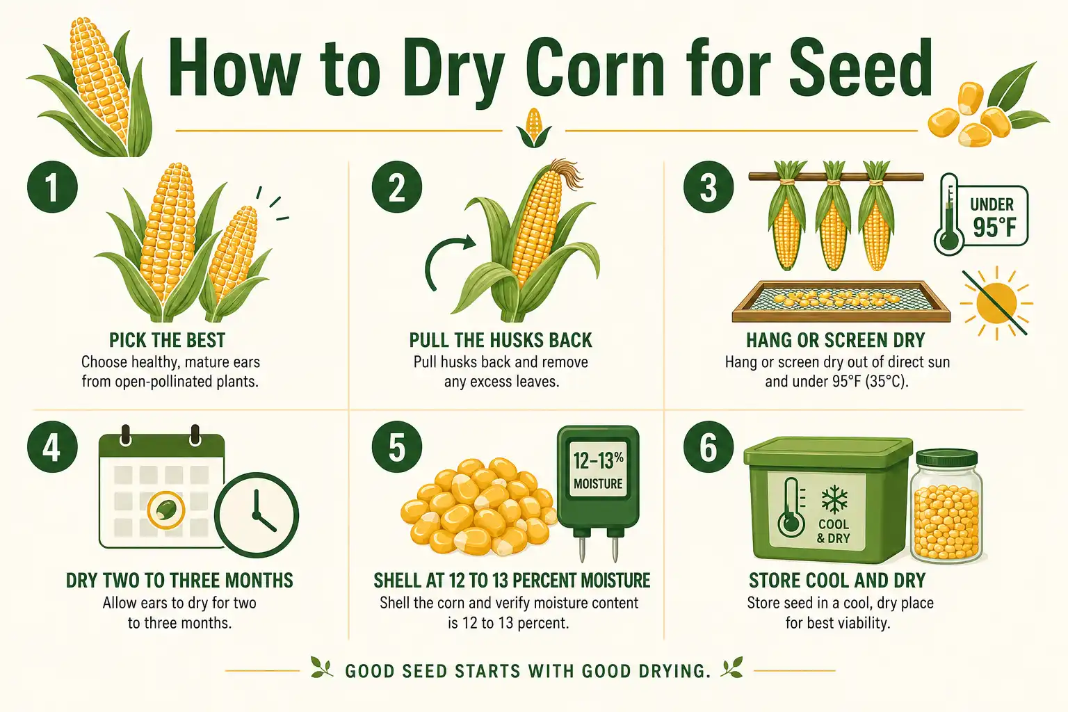 Infographic on how to dry corn for seed in six steps, from picking open-pollinated ears to storing shelled seed at 12 to 13 percent moisture.