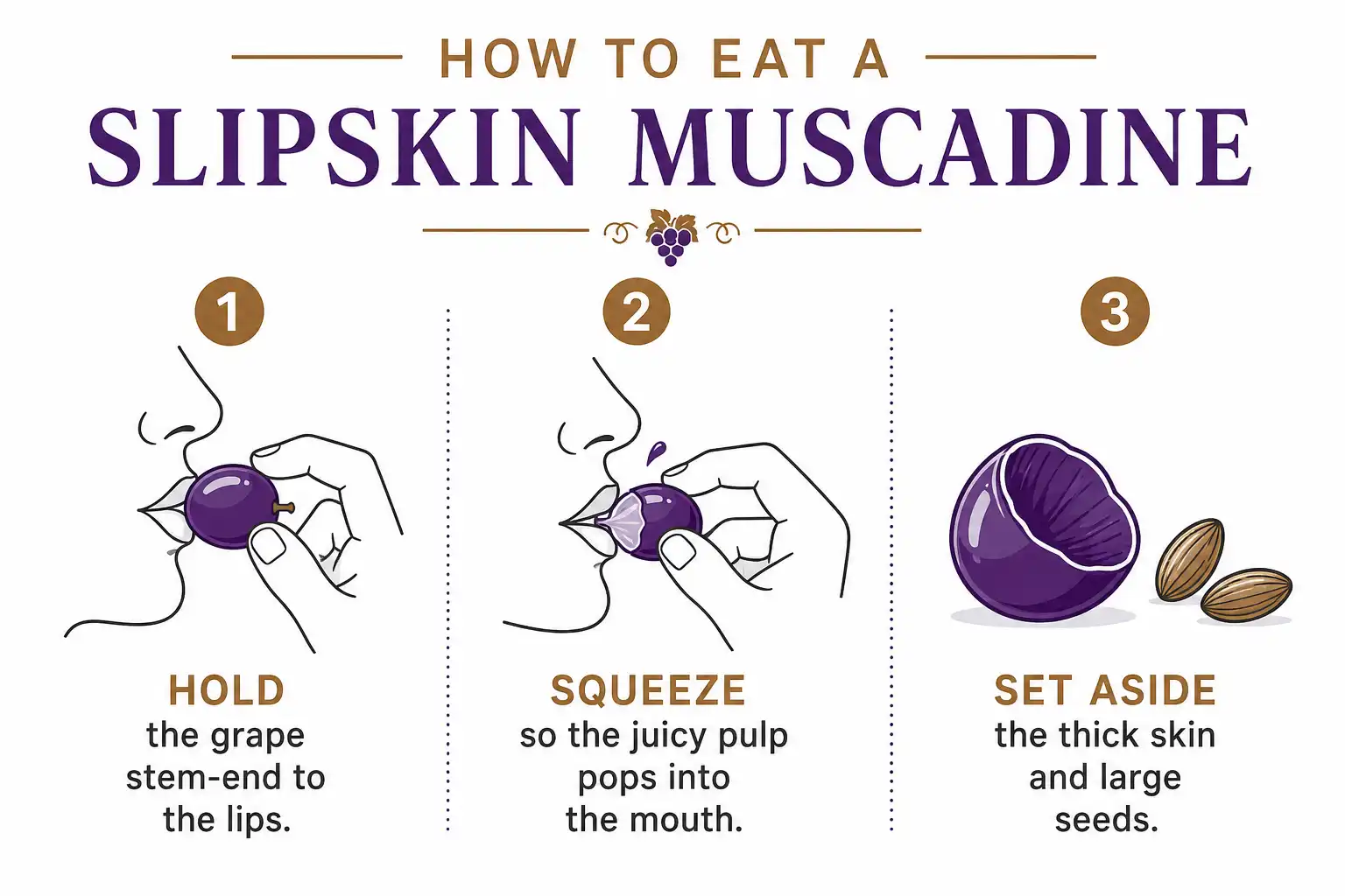 Three step infographic of how to eat fresh muscadine grapes by squeezing the pulp out and discarding the thick skin and seeds