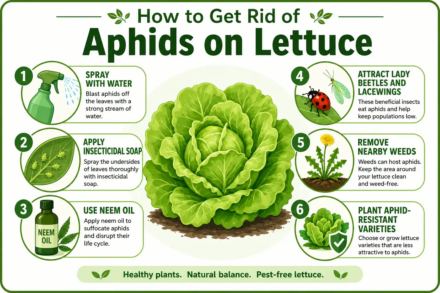 Infographic on how to get rid of aphids on lettuce using water spray, insecticidal soap, neem oil, beneficial insects, weed removal, and resistant varieties