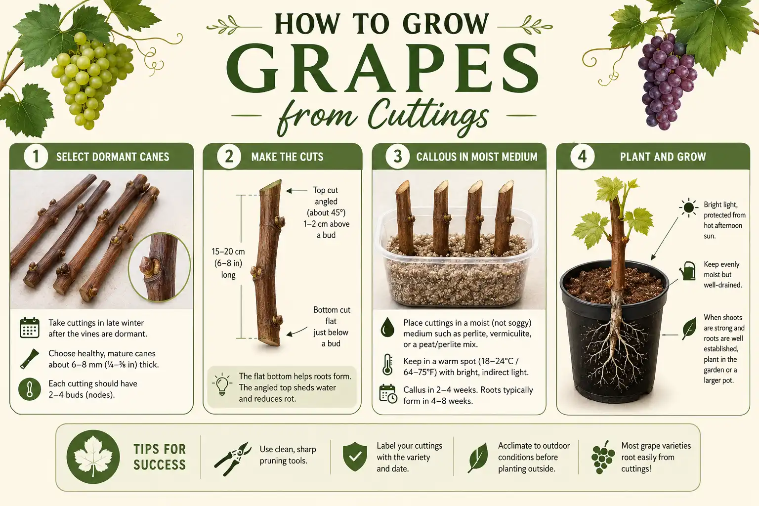 Infographic on how to grow grapes from cuttings, from dormant hardwood to a rooted vine