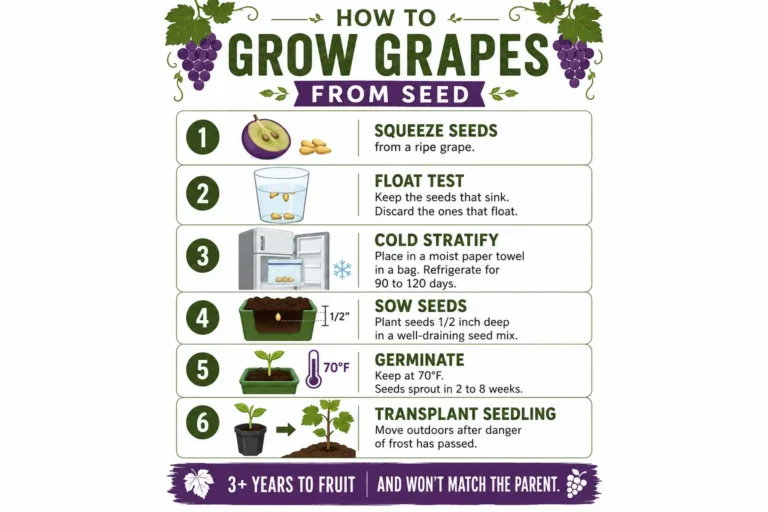Infographic on how to grow grapes from seed, from seed extraction and cold stratification through germination and transplanting.