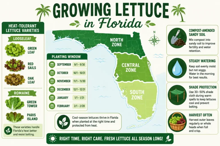Infographic of how to grow lettuce in Florida, planting months by region, best varieties, soil prep, watering, and harvest tips