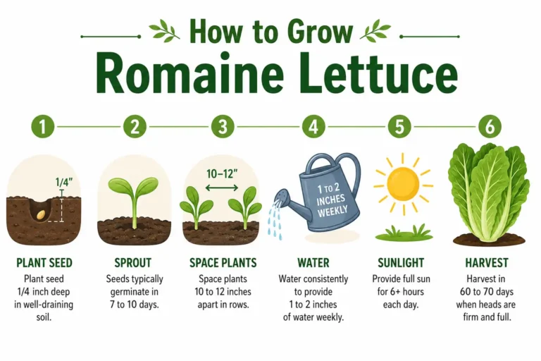Infographic of how to grow romaine lettuce from seed depth and spacing through watering, sunlight, and harvest