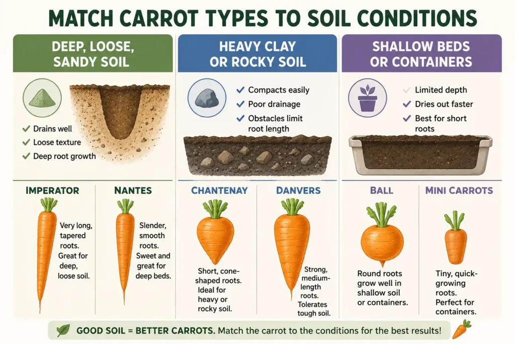 Chart matching carrot types to soil, showing which carrots grow best in loose, heavy, or shallow ground
