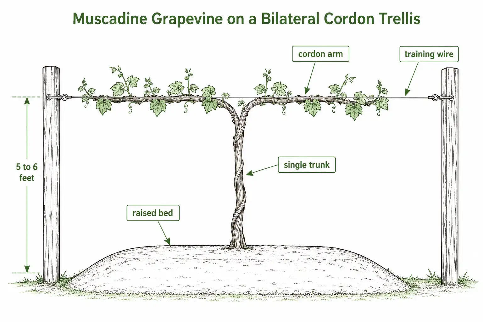 Diagram on how to plant grapes in Florida with a single trunk trained to a cordon trellis wire