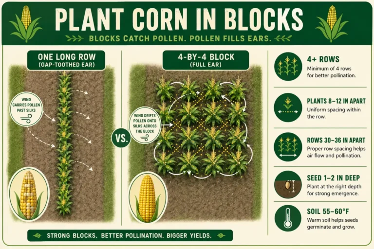 Infographic on how to plant corn in blocks with spacing, depth, and pollination to grow full ears