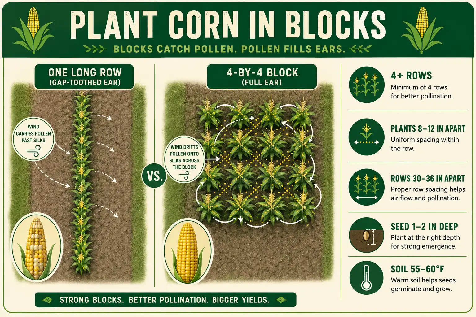 Infographic on how to plant corn in blocks with spacing, depth, and pollination to grow full ears