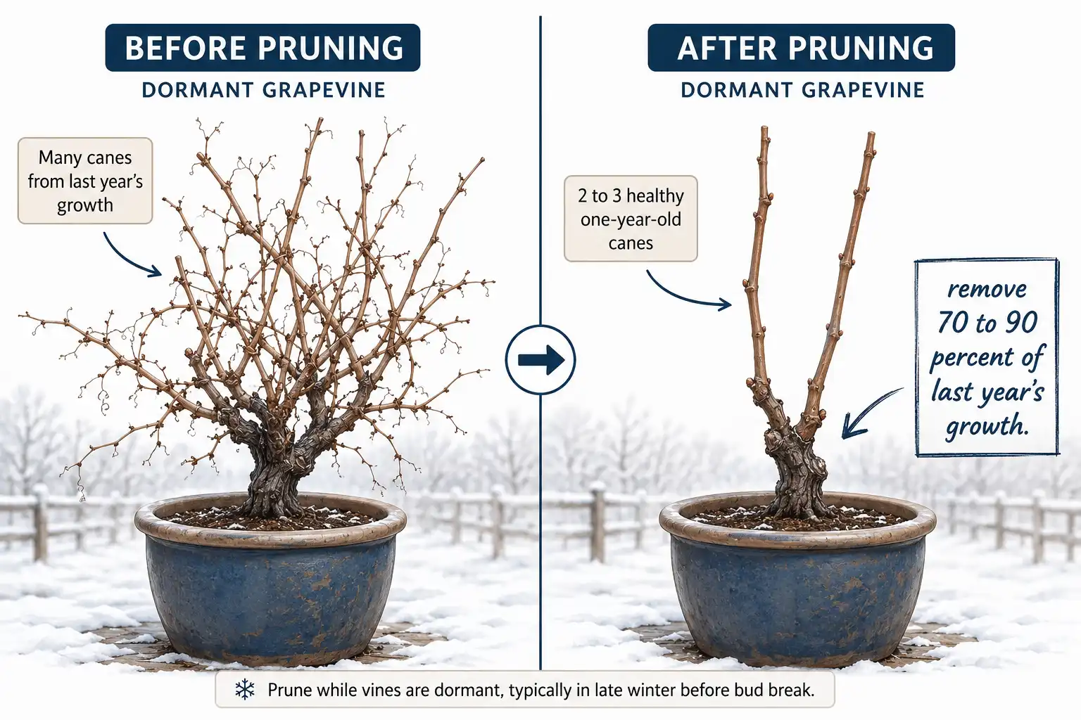 Before and after diagram of dormant pruning a potted grapevine, cutting most of last year’s canes back to a strong framework