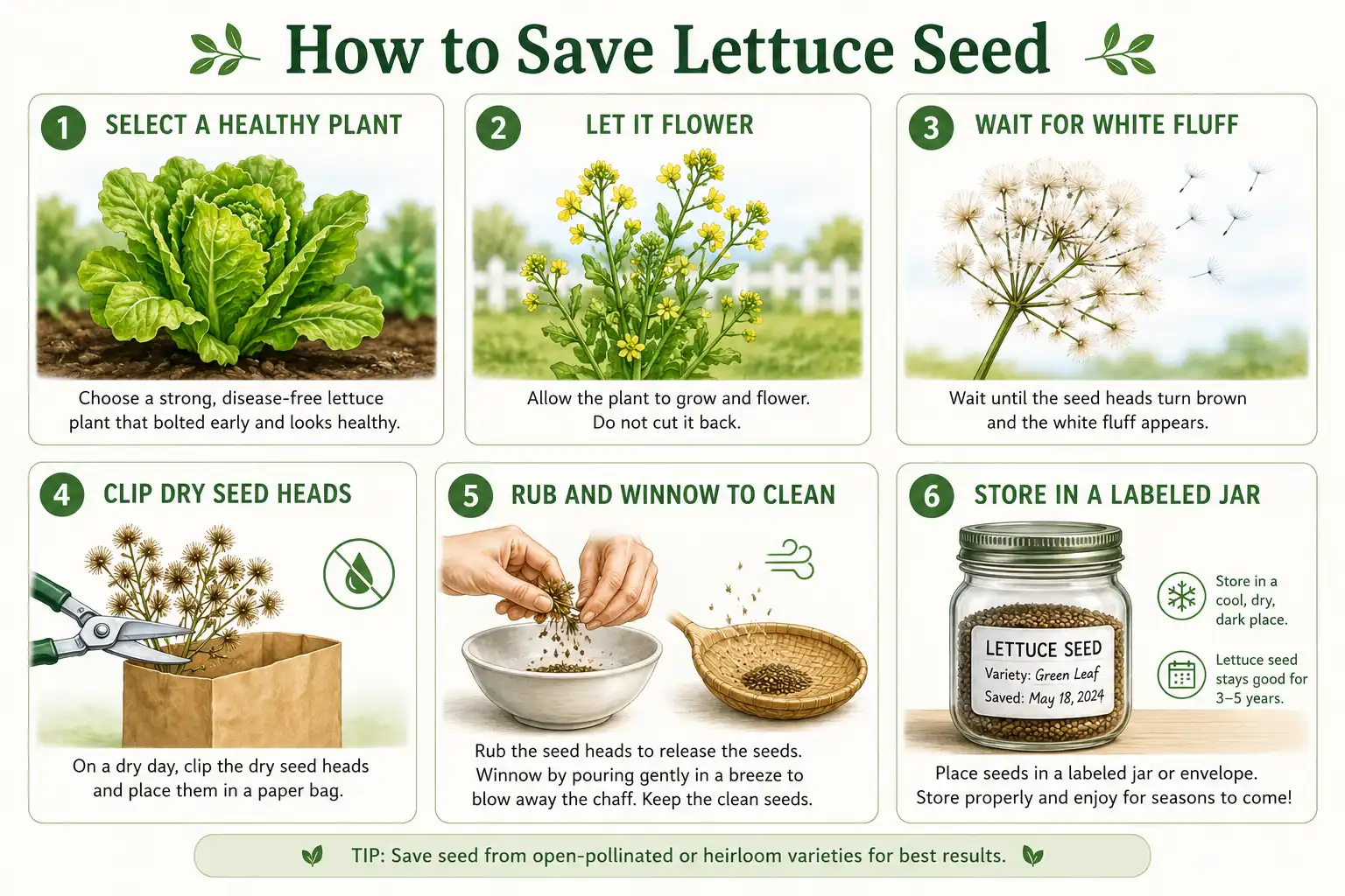 Step by step infographic of how to collect and save lettuce seeds at home