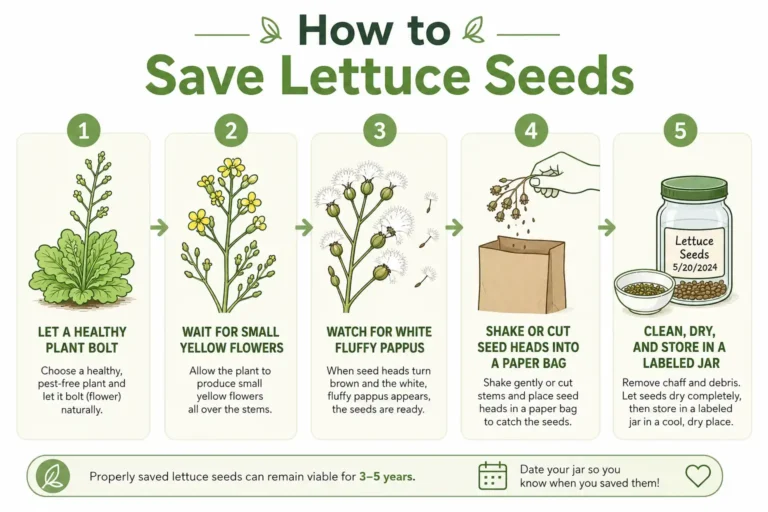 Infographic guide of how to save seeds from lettuce in five steps, from bolting to a labeled storage jar