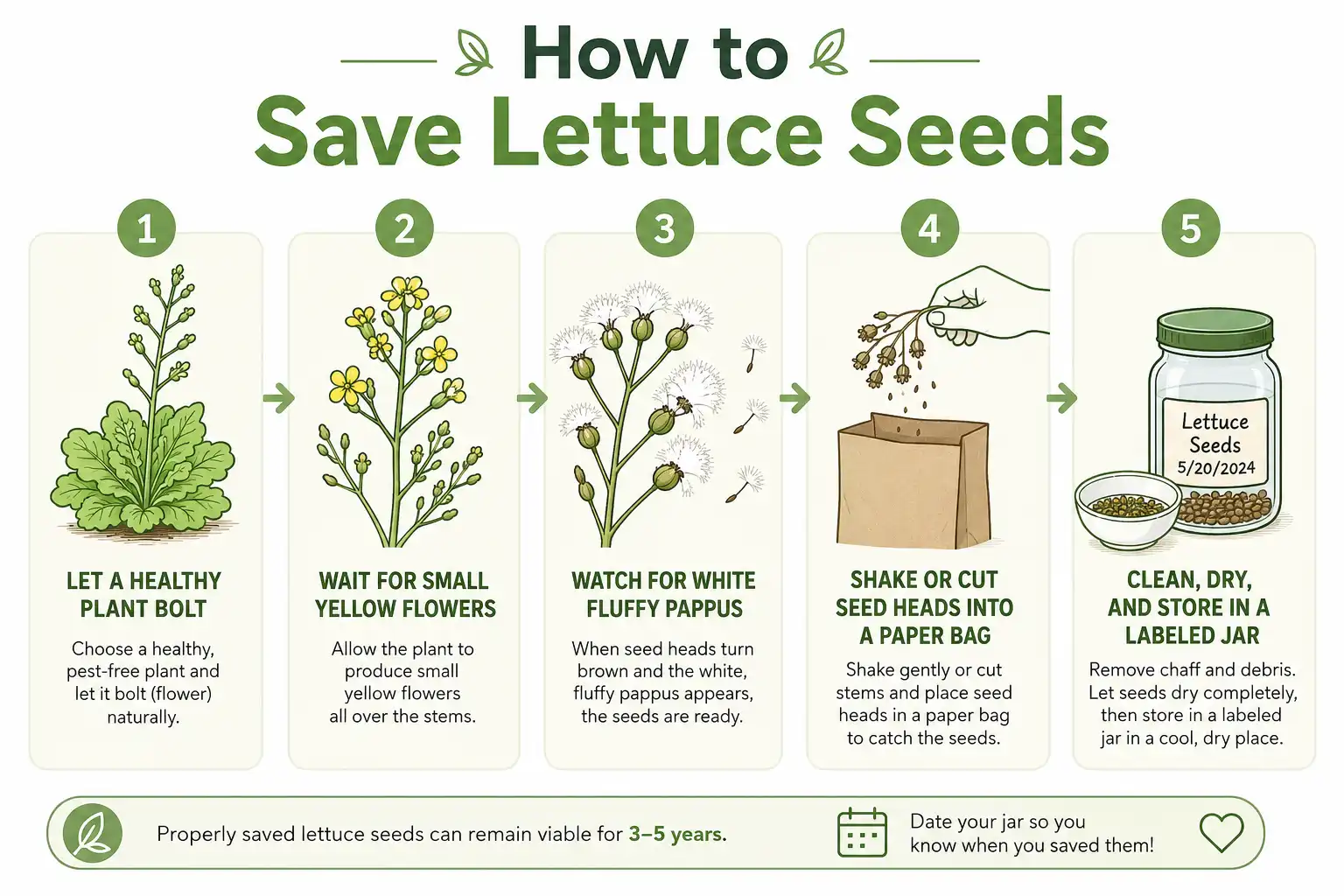 Infographic guide of how to save seeds from lettuce in five steps, from bolting to a labeled storage jar