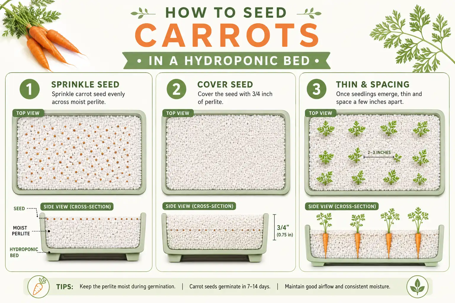 Step by step infographic of carrot seeds sown into hydroponic medium then thinned to a few inches apart for straight root growth