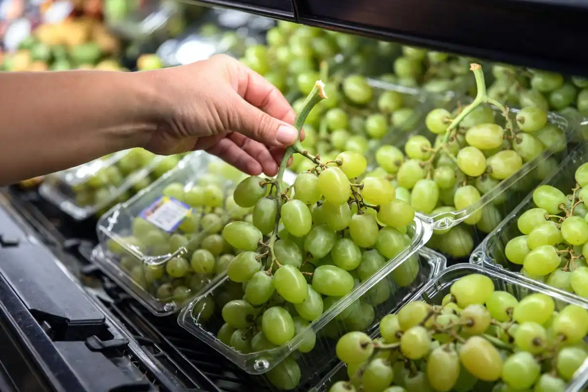 Shopper choosing fresh in-season California grapes by checking green stems and natural bloom