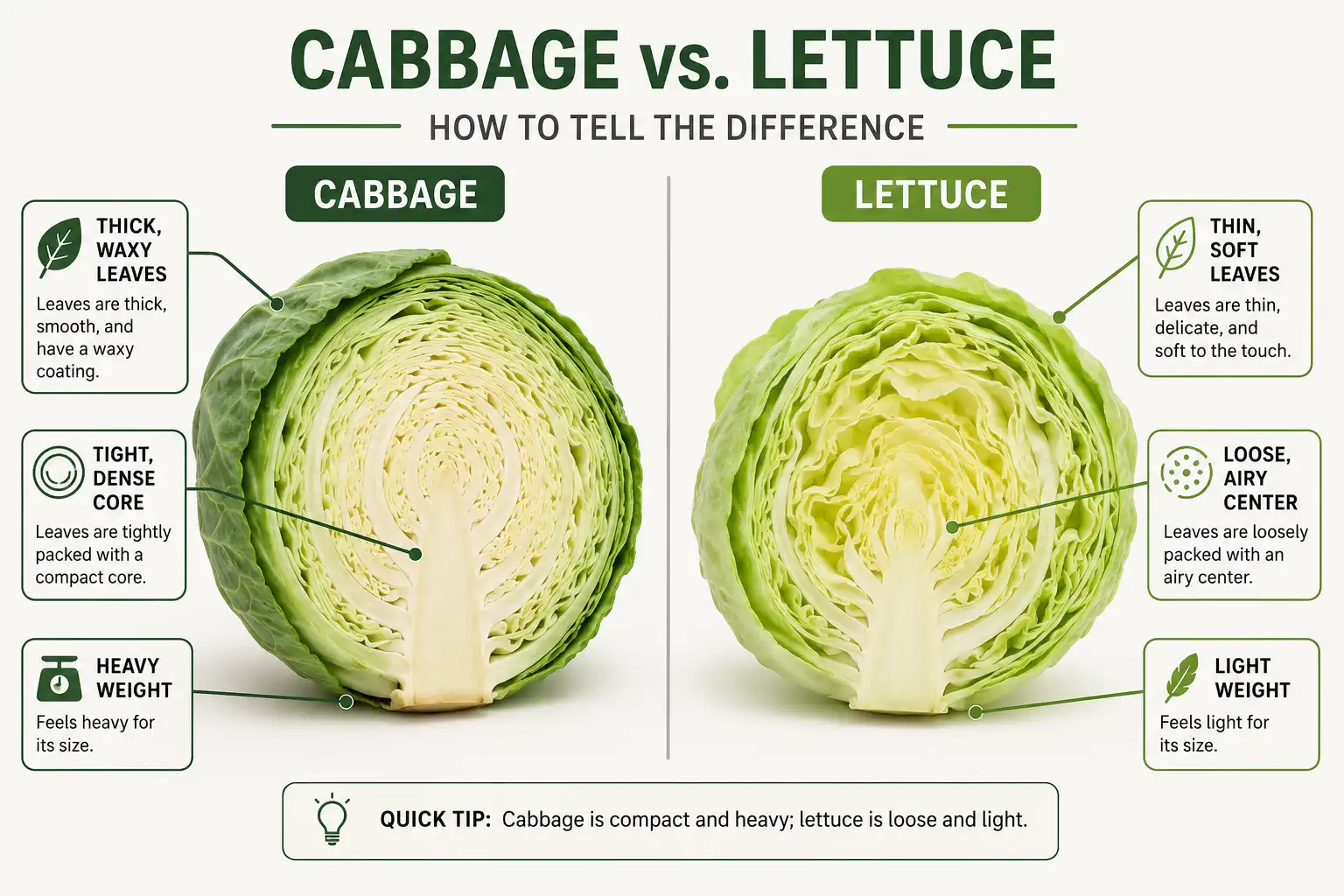 Labeled cross-section diagram comparing a dense cabbage head and a loose lettuce head
