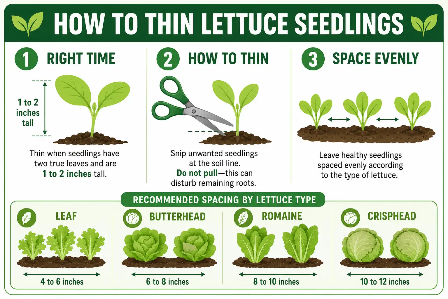 Infographic of how to thin lettuce seedlings: thin at the two true leaf stage, snip at the soil line, and space plants by type from 4 to 12 inches.