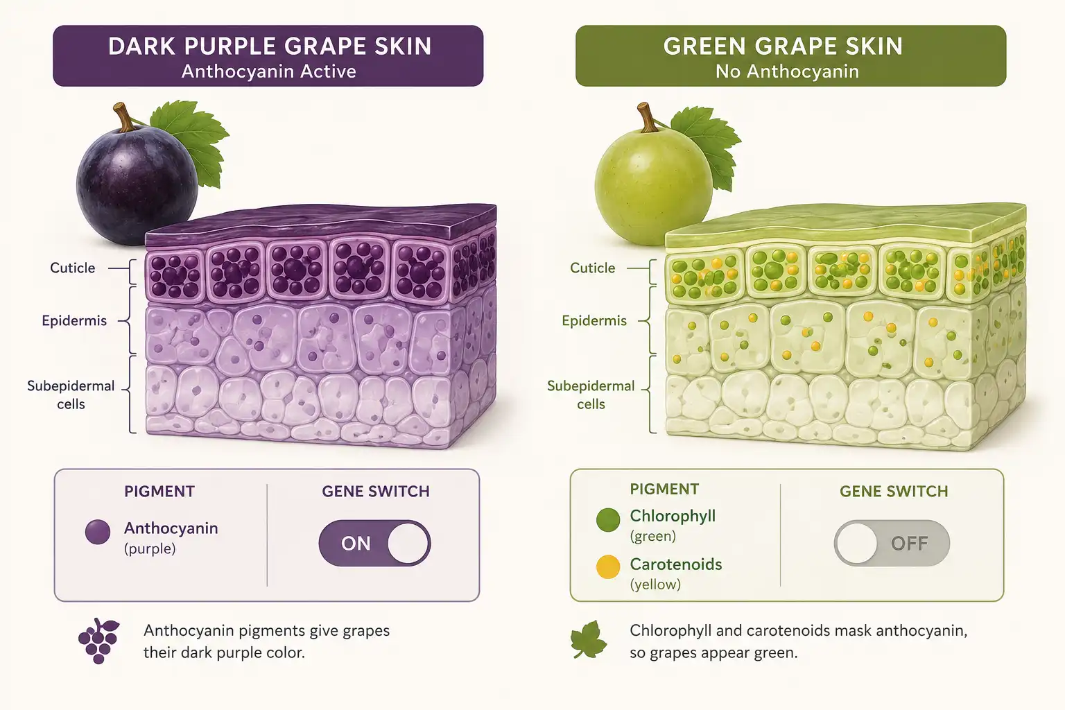 Diagram of white grapes lack anthocyanin pigment because two regulatory genes are switched off, leaving green and gold color