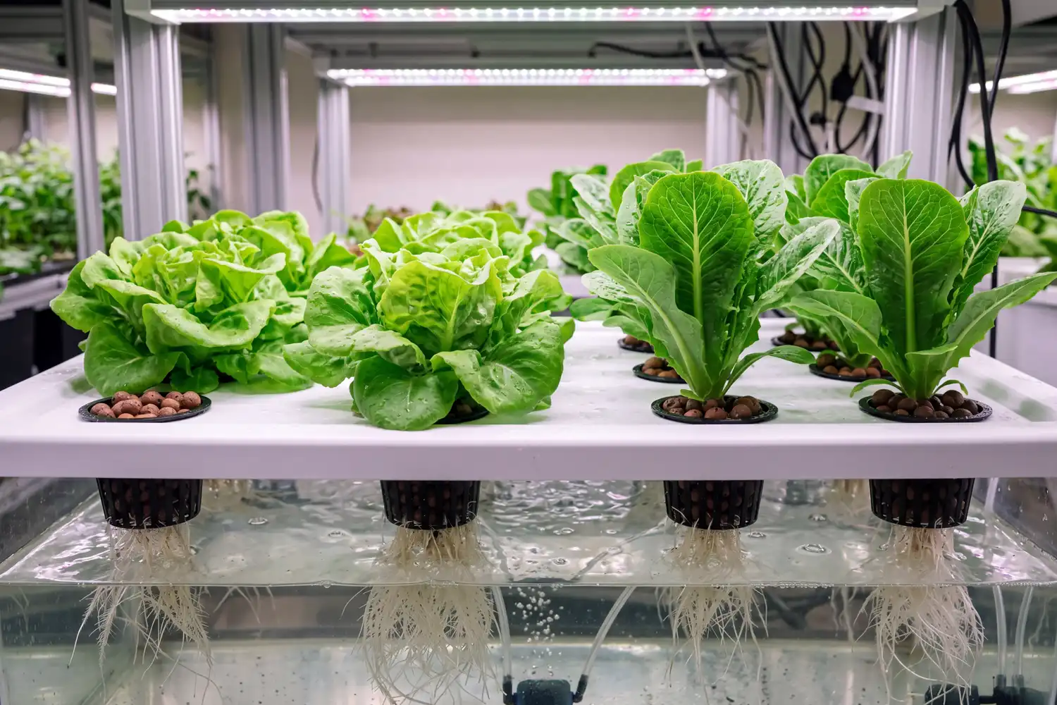 Healthy hydroponic butterhead and romaine lettuce growing in net cups in a water-based system
