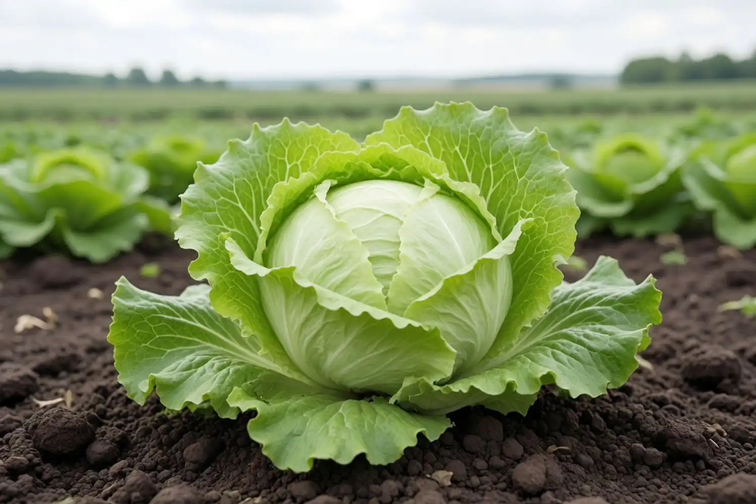 A crisphead iceberg lettuce forming a firm compact head, the slowest lettuce type to reach maturity