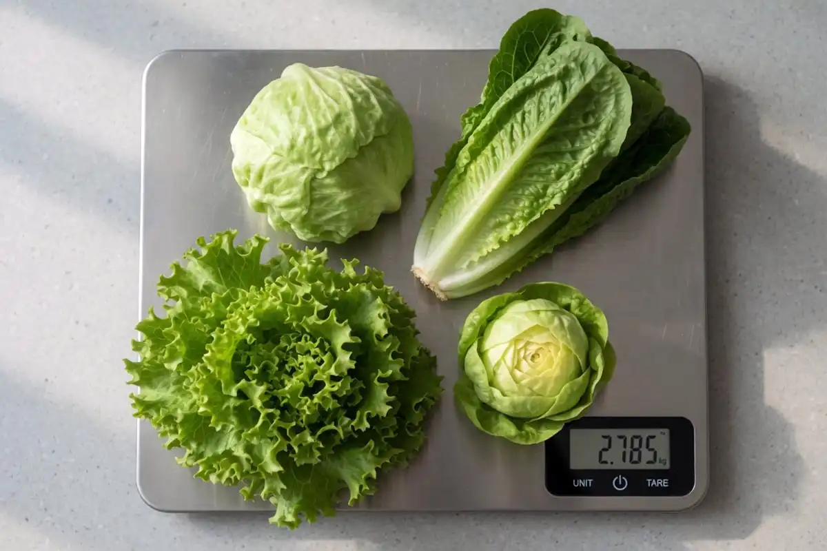 Four lettuce types on a kitchen scale comparing the weight of iceberg, romaine, green leaf, and butterhead heads