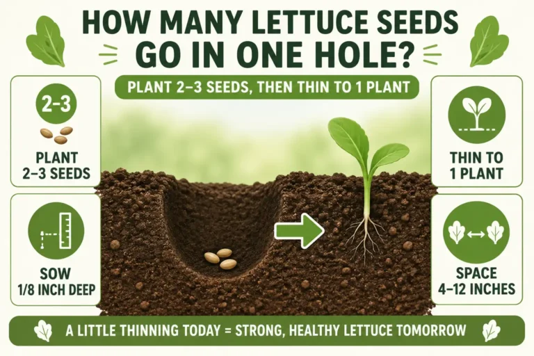 Infographic of how many seeds per hole for lettuce: plant 2 to 3 seeds, sow them 1/8 inch deep, then thin to one strong plant