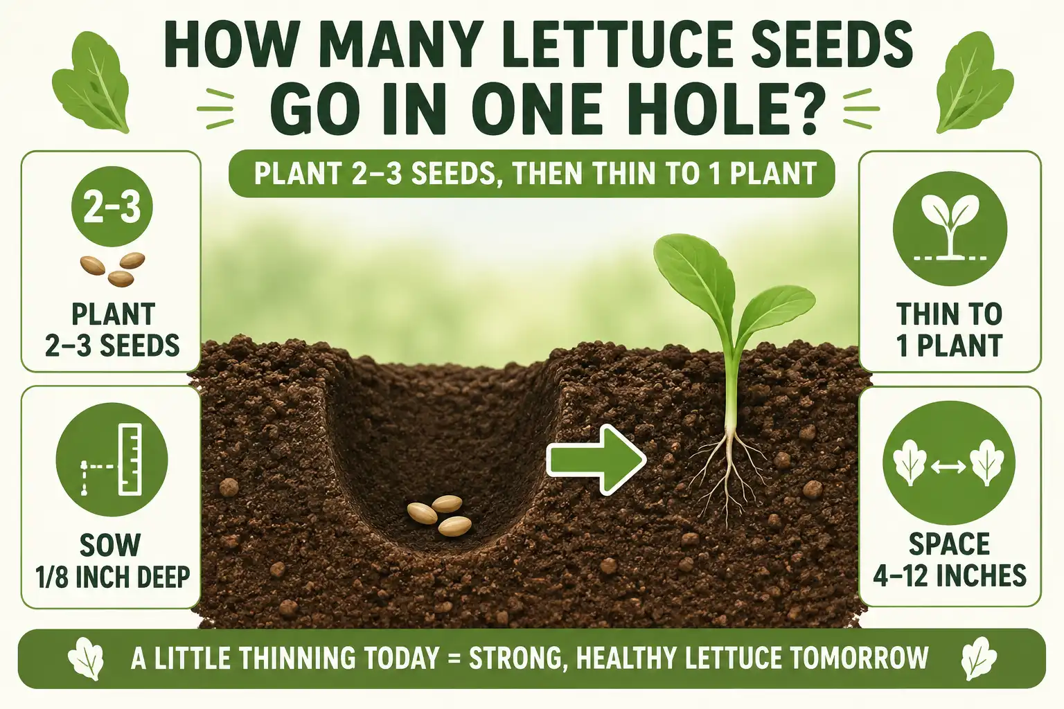 Infographic of how many seeds per hole for lettuce: plant 2 to 3 seeds, sow them 1/8 inch deep, then thin to one strong plant
