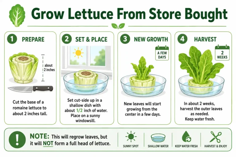 Infographic of how to grow lettuce from store bought romaine base in shallow water on a windowsill