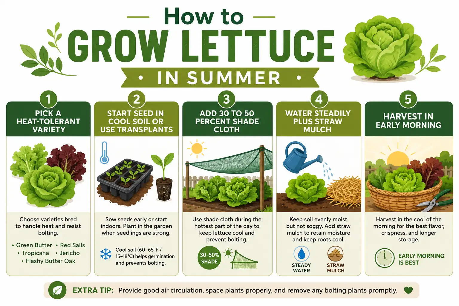 Infographic of how to grow lettuce in summer using heat tolerant varieties, shade cloth, steady watering, mulch, and an early morning harvest.