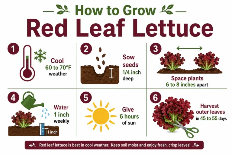 Infographic guide of how to grow red leaf lettuce, including planting time, seed depth, spacing, watering, sun, and harvest days.