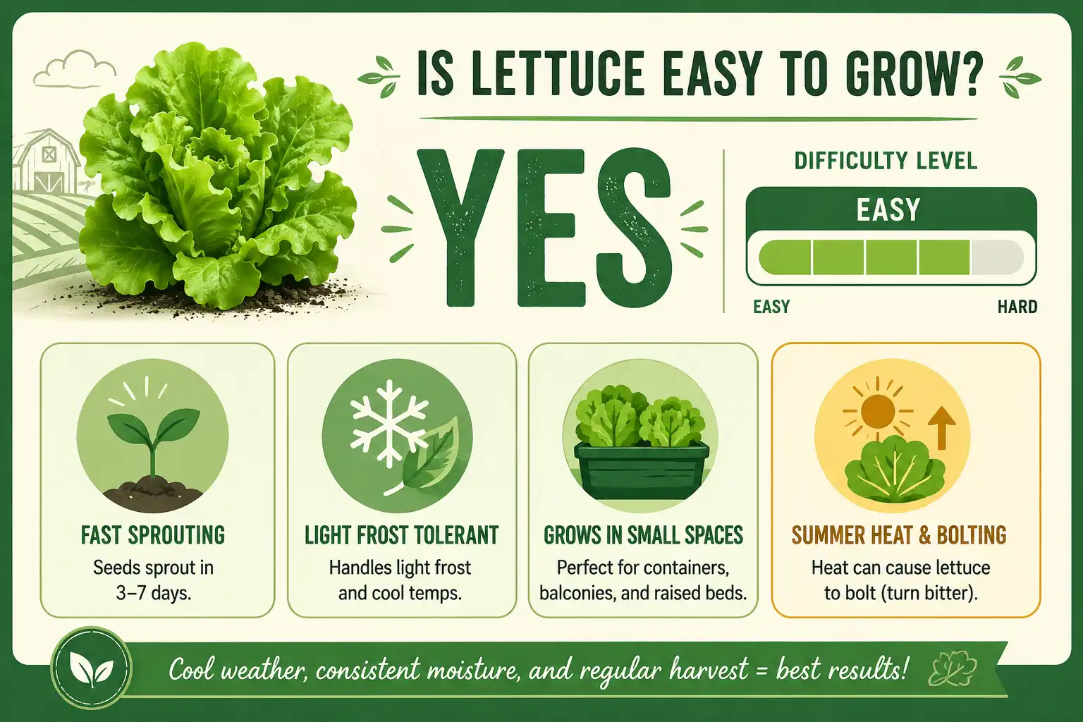 Infographic of lettuce is easy to grow, with the main reasons and the summer heat challenge