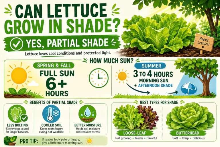 Infographic guide of that lettuce can grow in partial shade, with sun hours by season and the benefits of summer shade