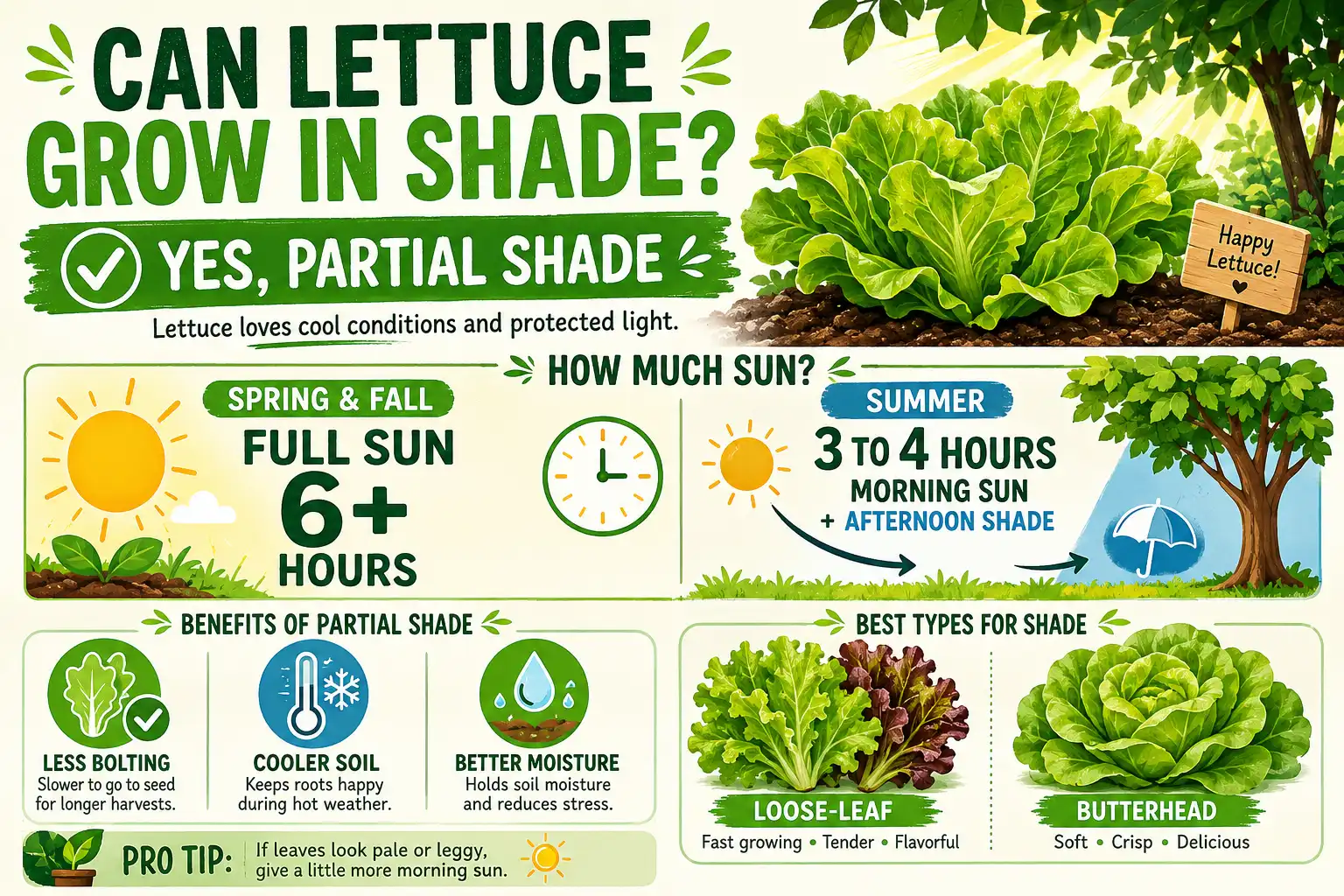 Infographic guide of that lettuce can grow in partial shade, with sun hours by season and the benefits of summer shade