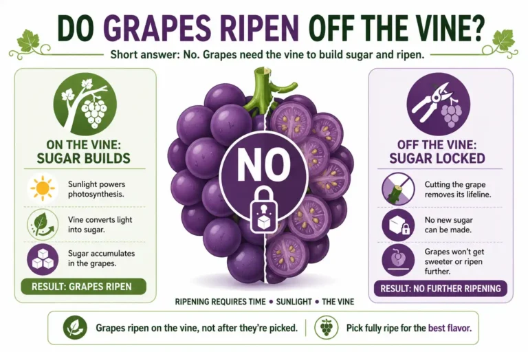 Infographic of grapes do not ripen off the vine because sugar stops building once the cluster is cut from the plant.