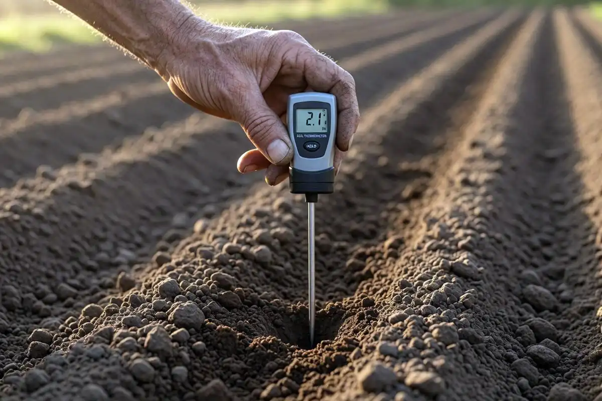 Farmer inserting a digital soil thermometer two inches deep into a seedbed to check soil temperature