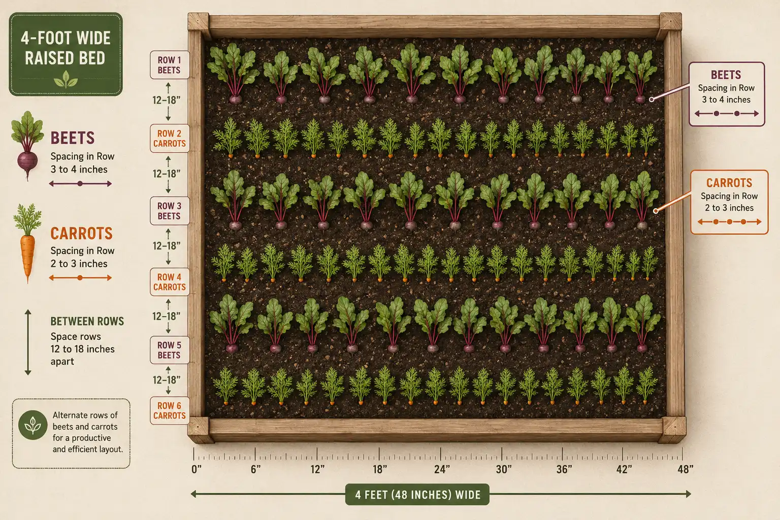 Overhead planting layout of how to space beet and carrot rows when planting them together in a raised bed