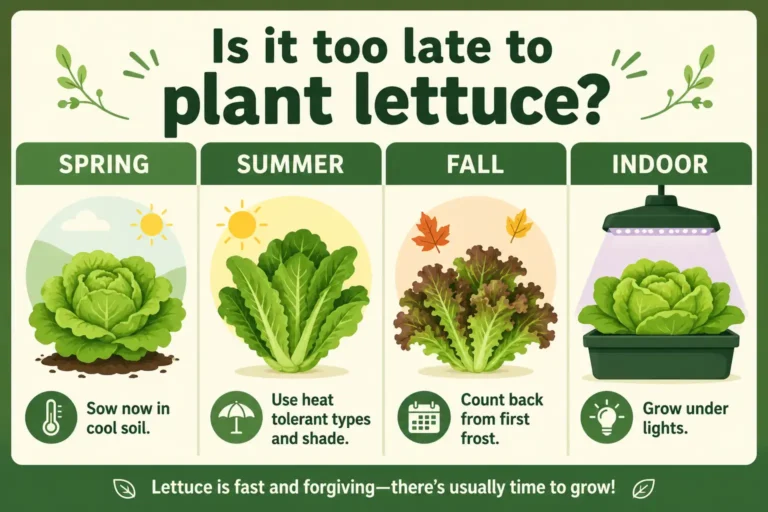 Infographic guide of is it too late to plant lettuce with spring, summer, fall, and indoor planting options