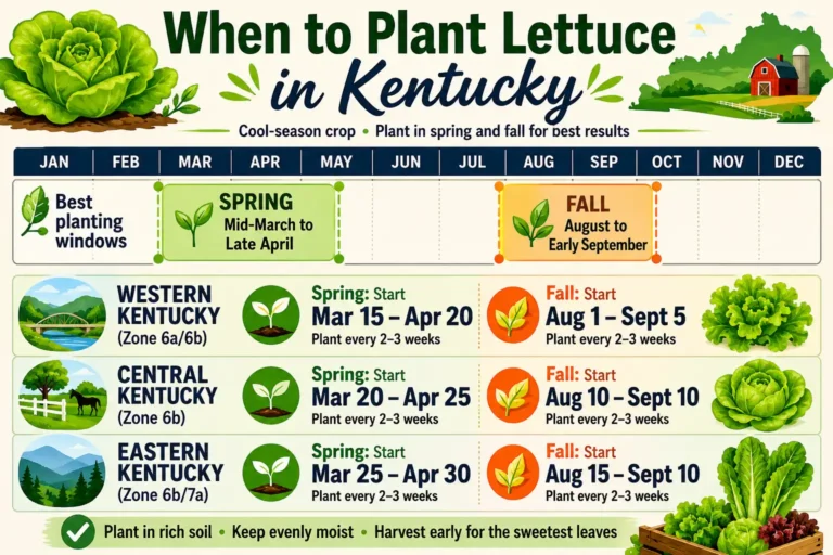 Infographic of plant lettuce in Kentucky, with spring dates from mid-March to April and fall dates from August to early September for the western, central, and eastern regions.