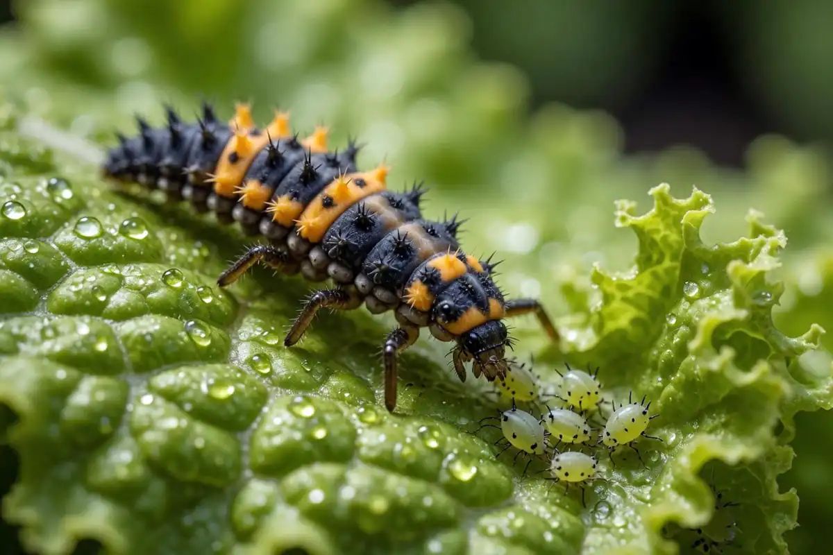 Lady beetle larva eating aphids on a lettuce leaf as natural pest control