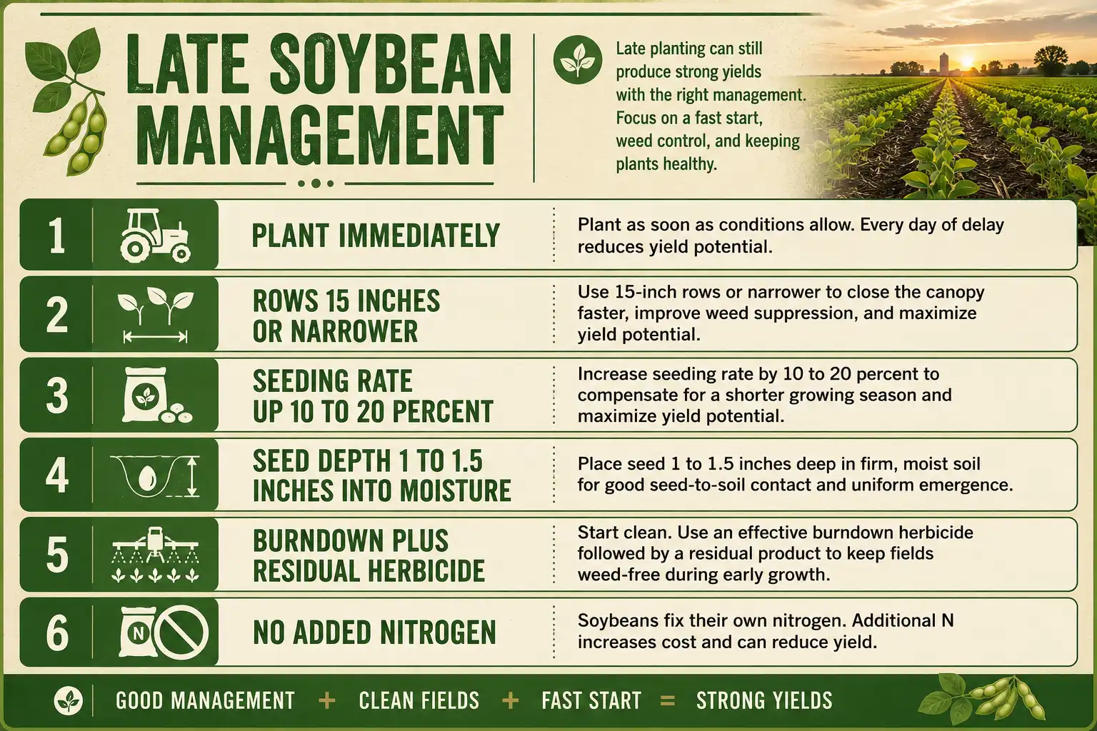Infographic checklist of how to manage late planted soybeans with narrow rows, higher seeding rates, and weed control