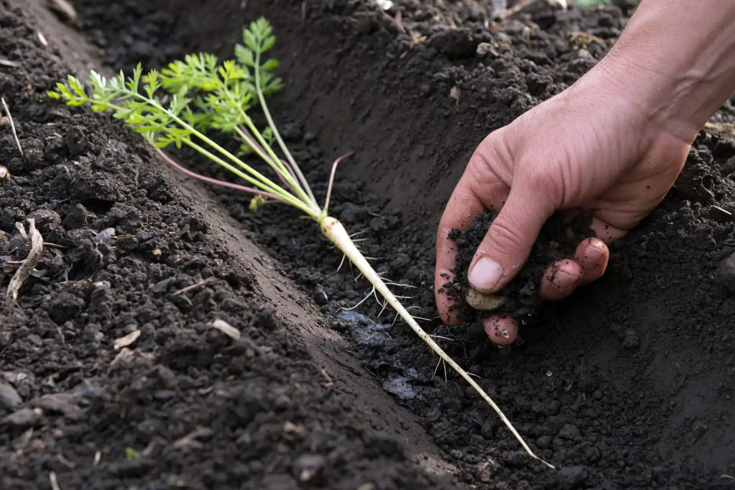 Transplanting carrots by laying the taproot straight against a V-shaped furrow wall to prevent forking